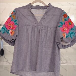 THML Blue-Striped Blouse with Pink & Teal Floral Embroidery